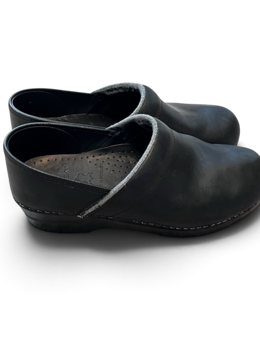 Dansko Black Leather Slip-On Clogs with Grey Trim